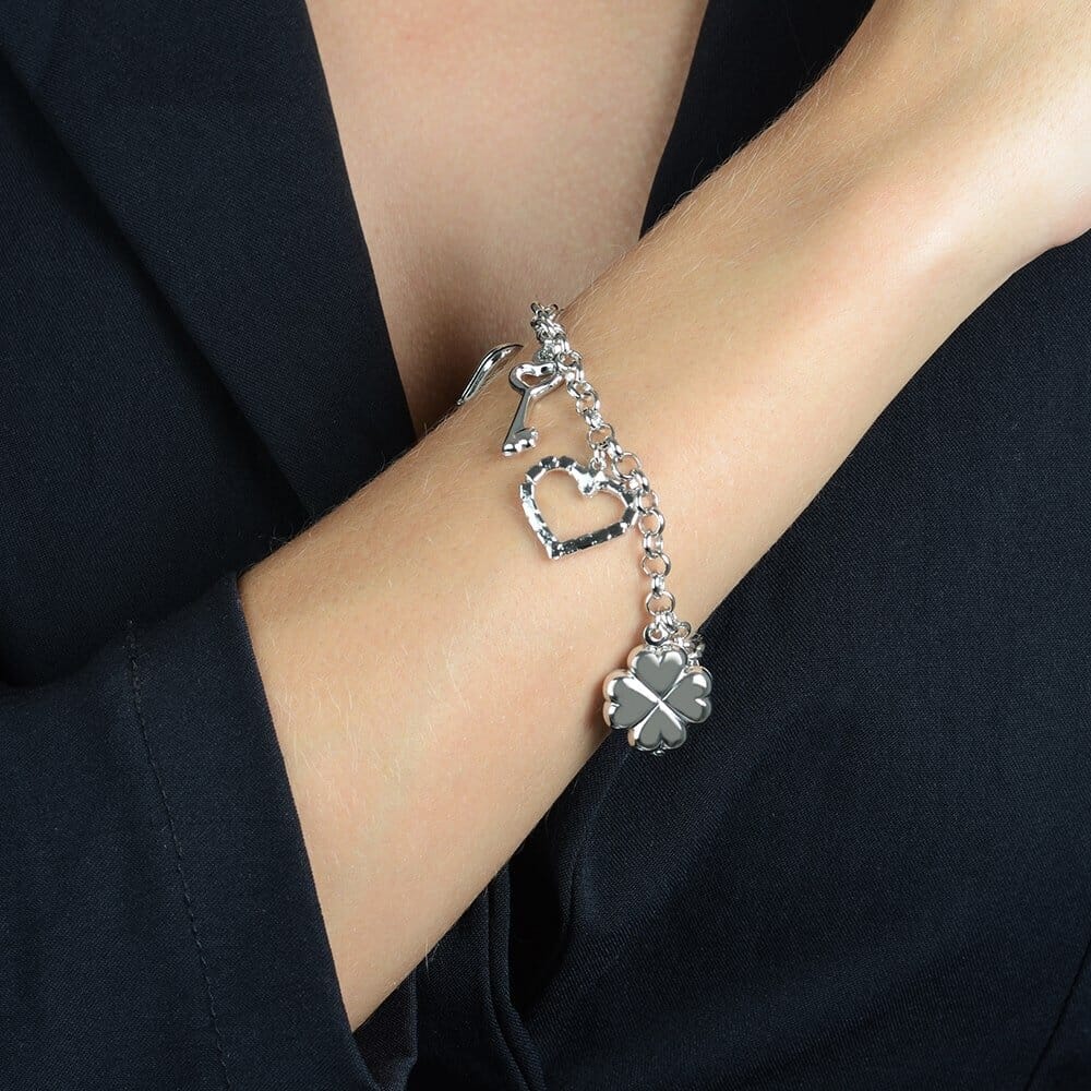 Pulseira Ruby Prateada Elo Português com Coração, Cadeado, Trevo e Chave - Fonttani