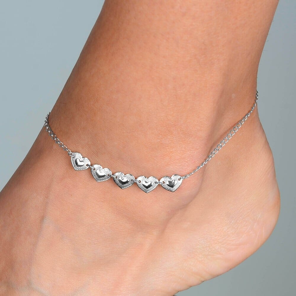 Tornozeleira Brooklyn Prateada 5 Corações - Fonttani